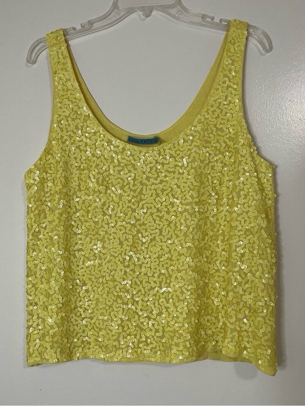 ALICE + OLIVIA yellow sequined scoop neck silk tank blouse top large